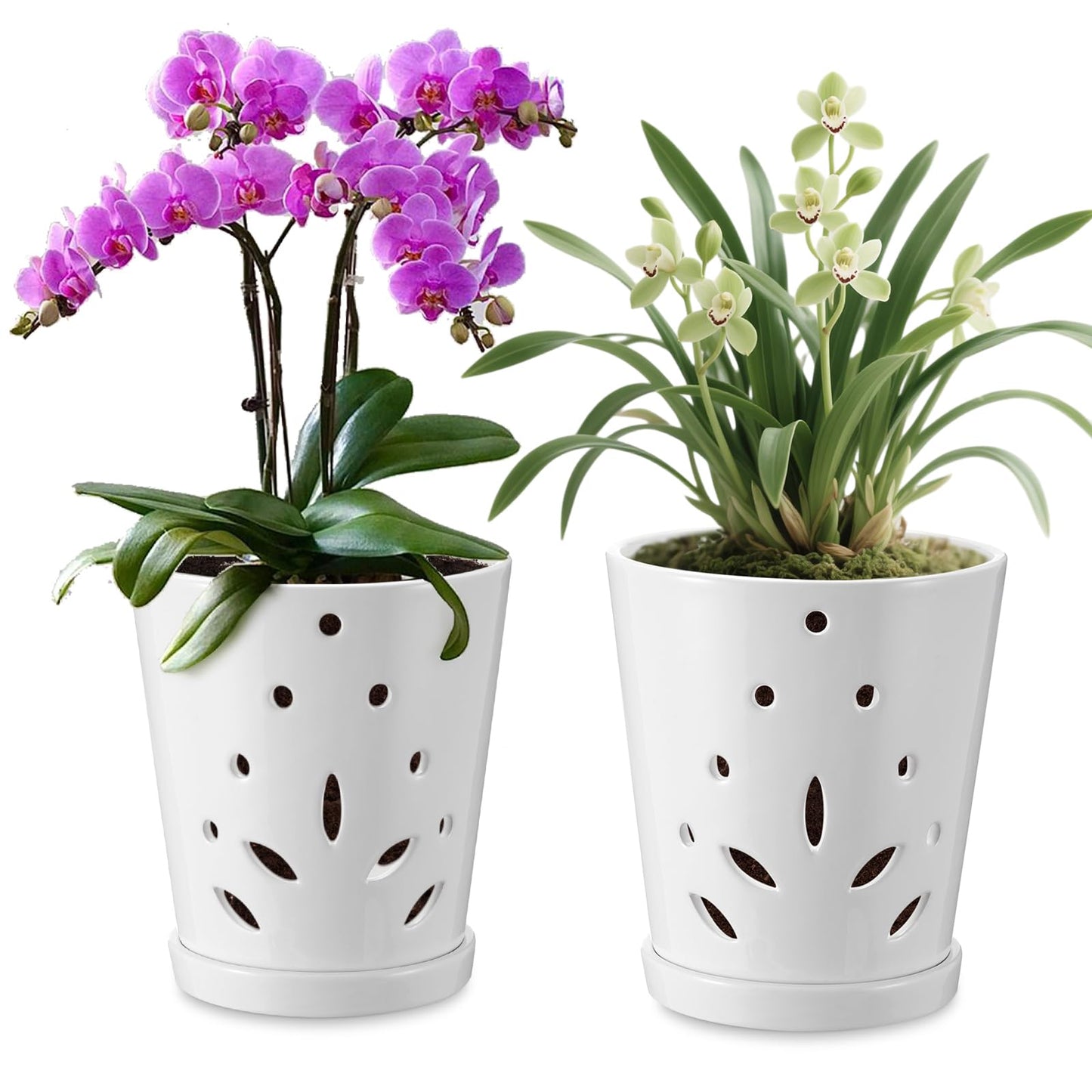 Suclain 2 Pack Orchid Pots with Holes Ceramic Orchid Planters with Drainage Holes and Tray for Root Health Repotting New Plants Air Circulation Indoor/Outdoor Flower Pots(6.5 Inch,White)