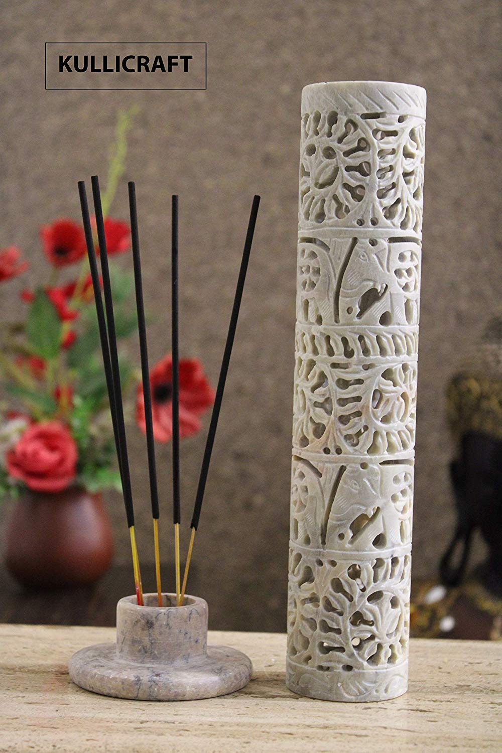 Carry Me Marble Soapstone Incense Stick Holder | Candle Burner | Tea Light Holder - Perfect Handmade Elephant Carving for Gifting. Decorative Home and Office Decor.(3 x 3 x 10.5 Inches)