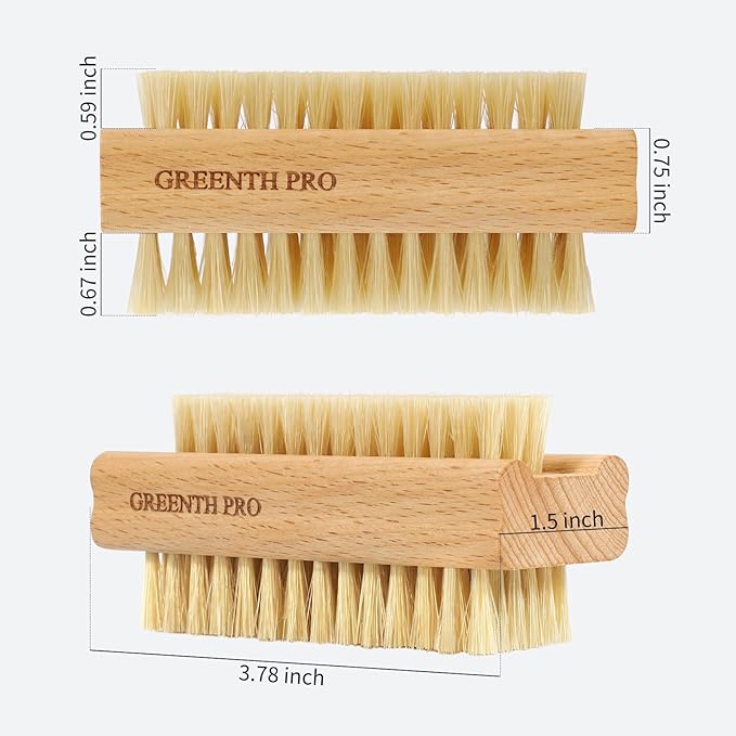 2 Pack Firm Boar Bristle Nail Brush, Hard Beech Wood Handle, Two Sided
