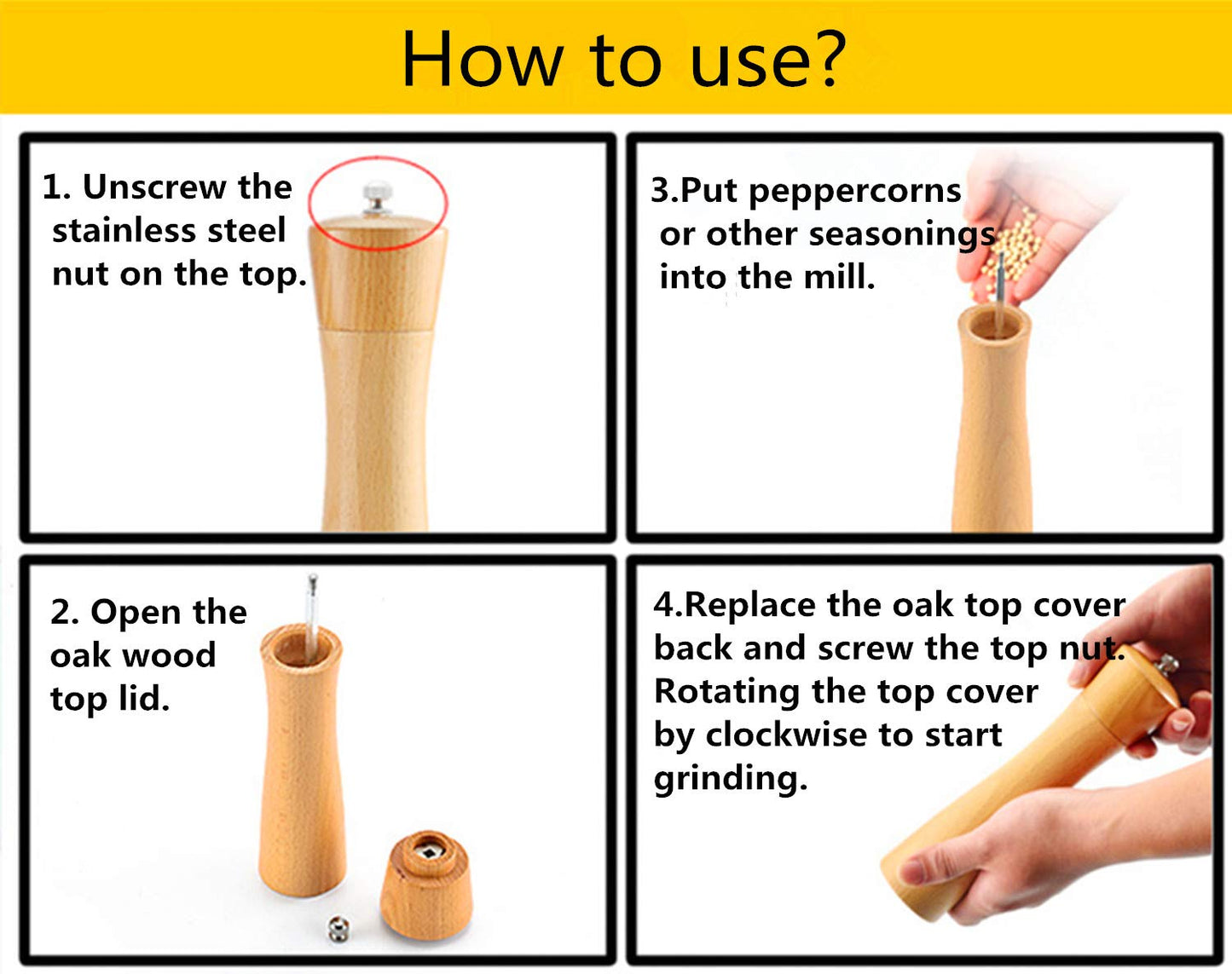 Wood Salt and Pepper Grinder Mill - Noryee Manual Wooden Salt Grinder Pepper Mill Shakers Refillable with Adjustable Coarseness Ceramic Rotor - 8.5 Inch (1 Pack)