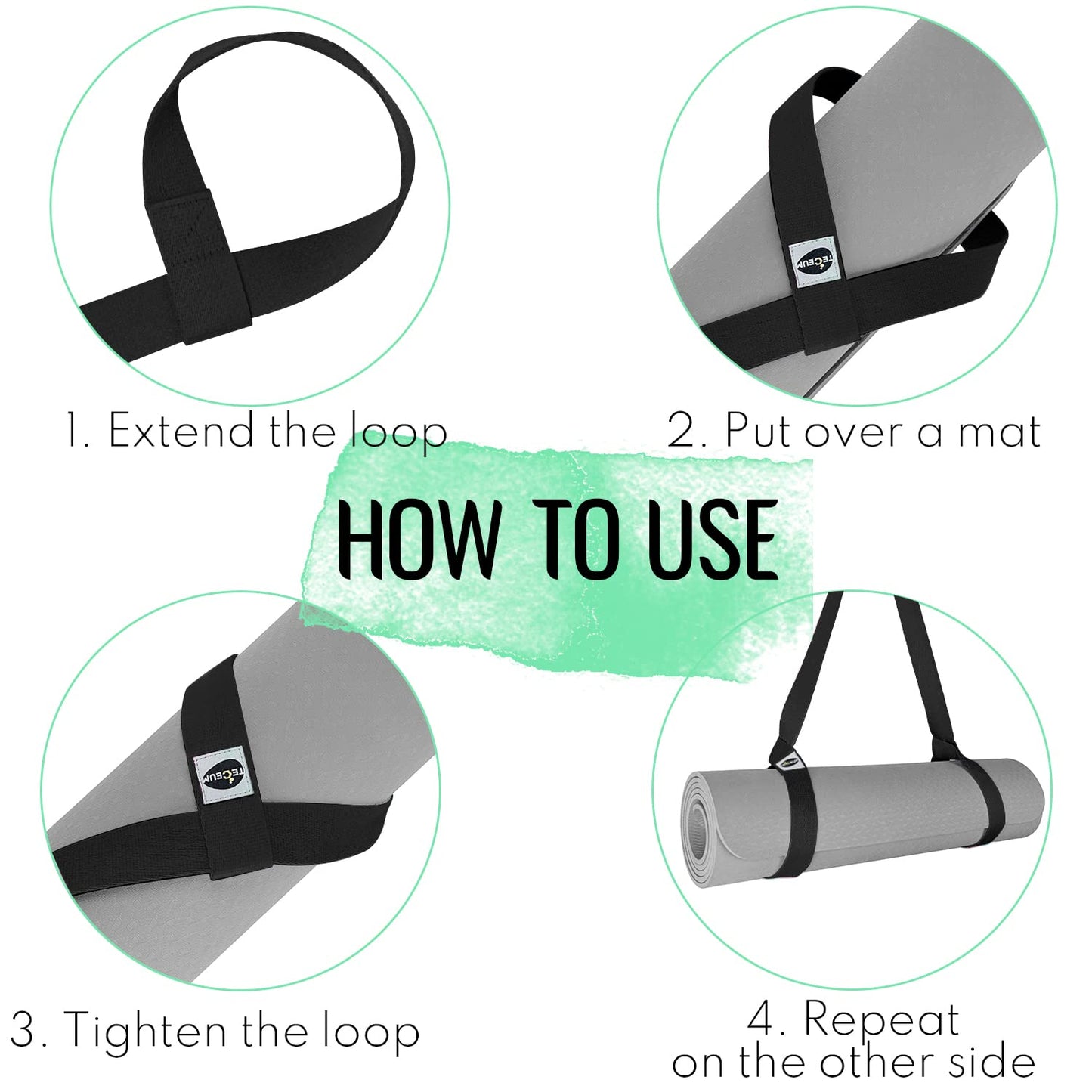 TECEUM Yoga Mat Strap – Black & 30+ Colors – Adjustable Mat Holder Sling Career for All Mats [Mat Not Included]