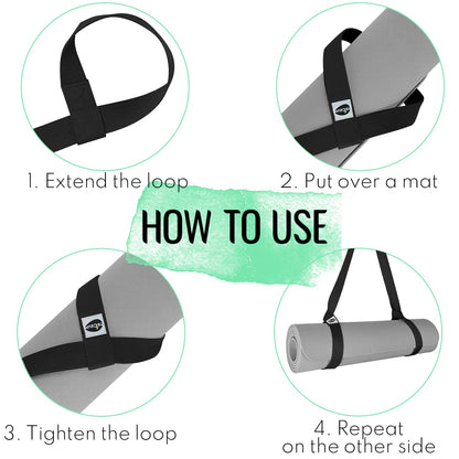 TECEUM Yoga Mat Strap – Black & 30+ Colors – Adjustable Mat Holder Sling Career for All Mats [Mat Not Included]