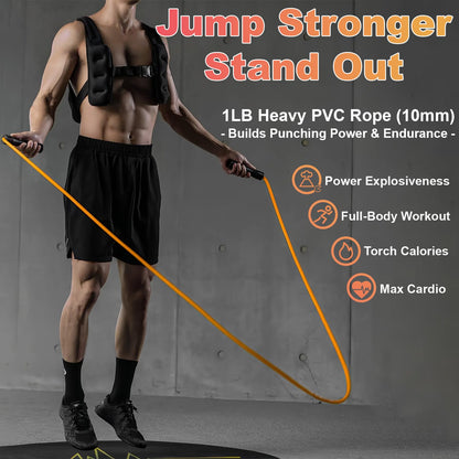 Weighted Jump Rope, 1LB Tangle-Free Ball Bearing Rapid Speed Skipping Rope for Men Women, Adjustable 9mm Cotton & PVC Rope with Alum Handle for Boxing MMA Weight-Loss Athletic Workout Fitness