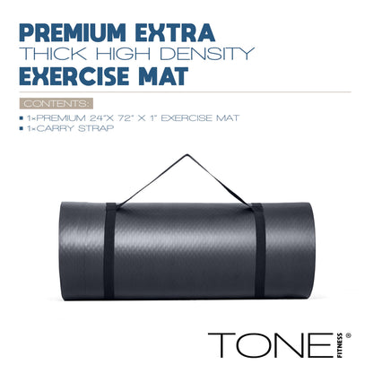 Tone Fitness Premium Extra Thick 1-Inch High Density Exercise Mat with Carry Strap – Non-Slip Workout, Pilates, and Yoga Mat for Home Gym - Color Black - Diamond Pattern