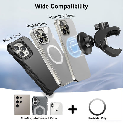 Magnetic Phone Holder Clamp Mount – 20 x N52 Strong Magnet Mount for Gym, Spin Bike (Fits Peloton), Treadmill, Stroller, Golf Cart, Shopping Cart – Compatible with Mag-Safe iPhone 12-17 Series