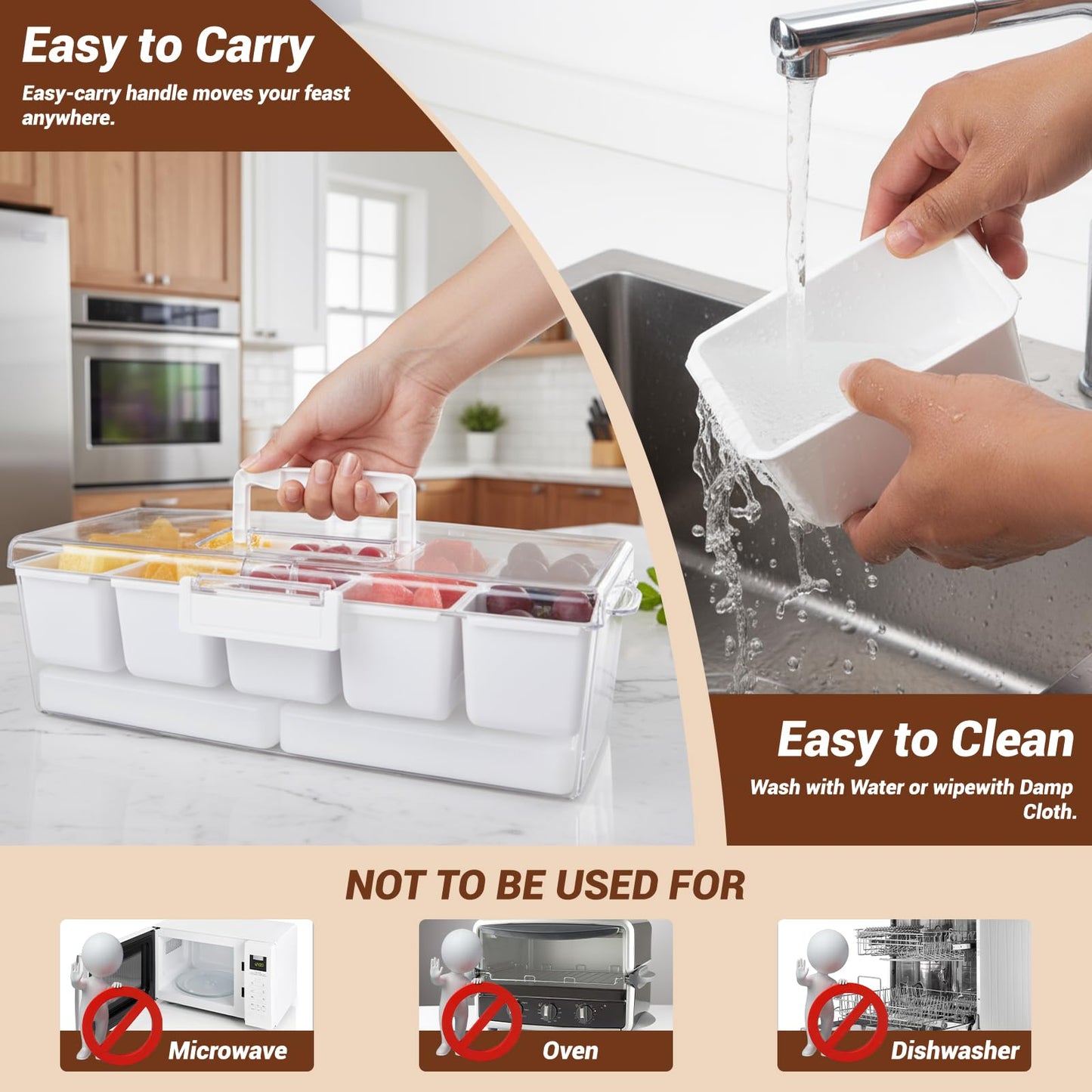 Mavolico Chilled Condiment Containers with Lid & Handle, 5-Compartment Serving Platters with 2 Ice Packs to Keep Fruits, Salads, Dips & Sauces Fresh for BBQs, Picnics, Camping and Parties