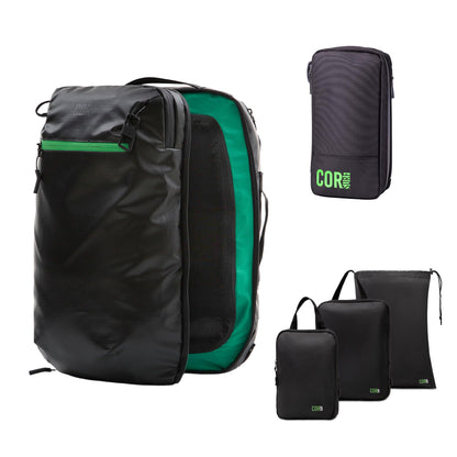 COR Surf Carry On Travel Backpack Bundle | Island Hopper Travel Backpack with Toiletry Bag and Compression Packing Cube Set (34L 2.0, Black with Green Zipper)