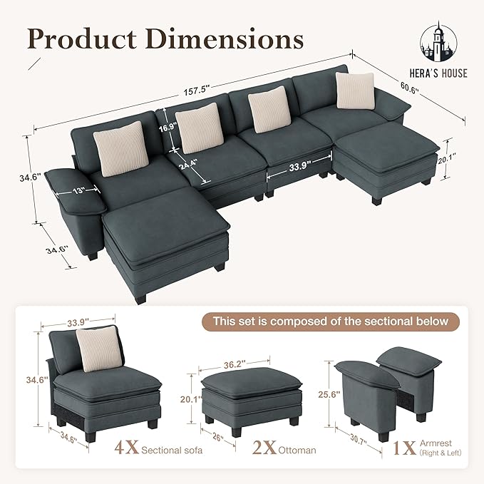HERA'S HOUSE 158" Modular Sectional Sofa, Oversized U Shaped Couches