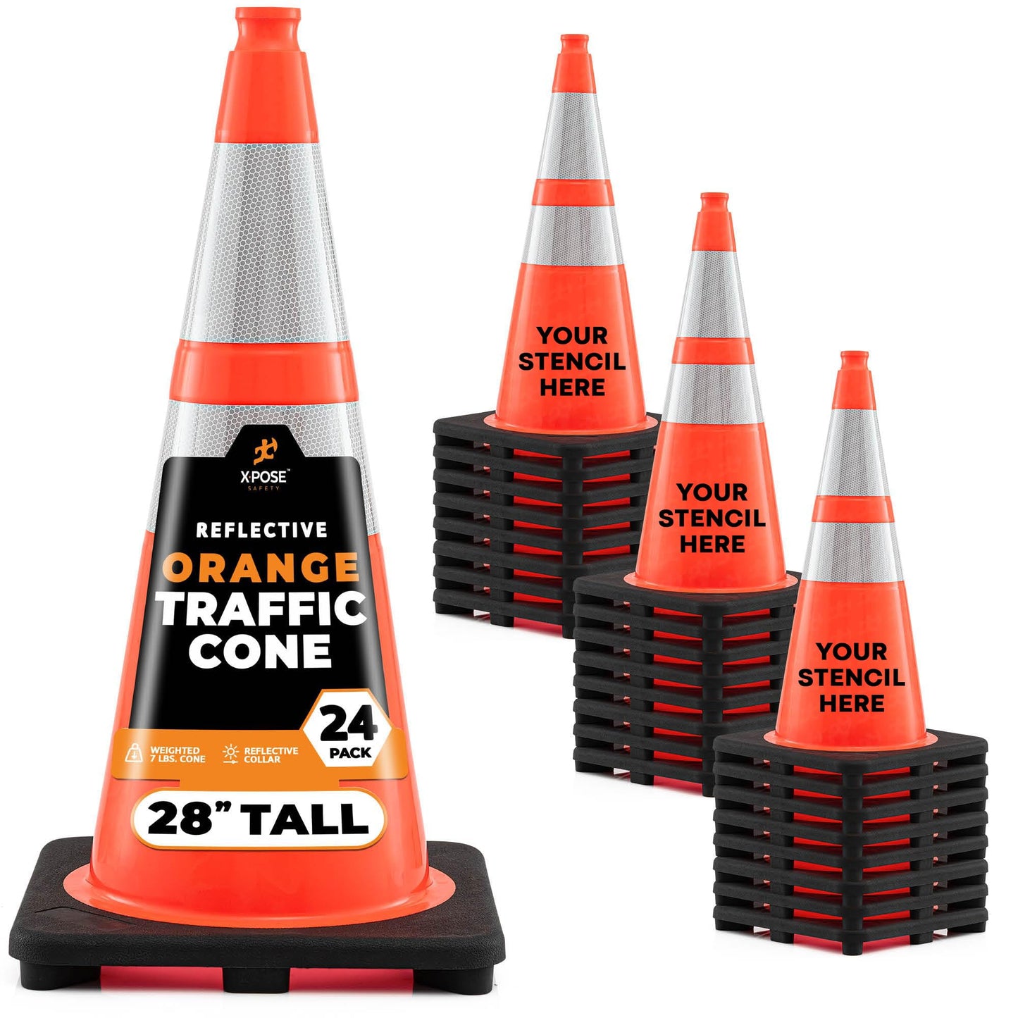 Xpose Safety 28" Orange Traffic Cones, 24-Pack, 6" & 4" Collar – PVC Safety Cones for Parking, Soccer, Construction & Kids – Custom Stenciling Available