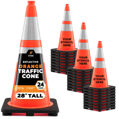 Xpose Safety 28" Orange Traffic Cones, 24-Pack, 6" & 4" Collar – PVC Safety Cones for Parking, Soccer, Construction & Kids – Custom Stenciling Available