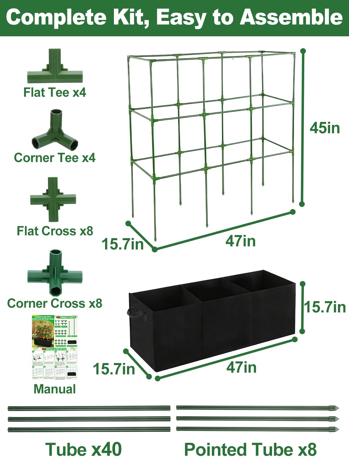 Tomato Cage with 3 Compartment 51 Gallon Grow Bag - 47" L × 15.7" W × 45" H Heavy Duty Square Tomato Planter Trellis, Easy to Assemble, for Garden Patio Balcony Climbing Vegetables Flowers Fruits