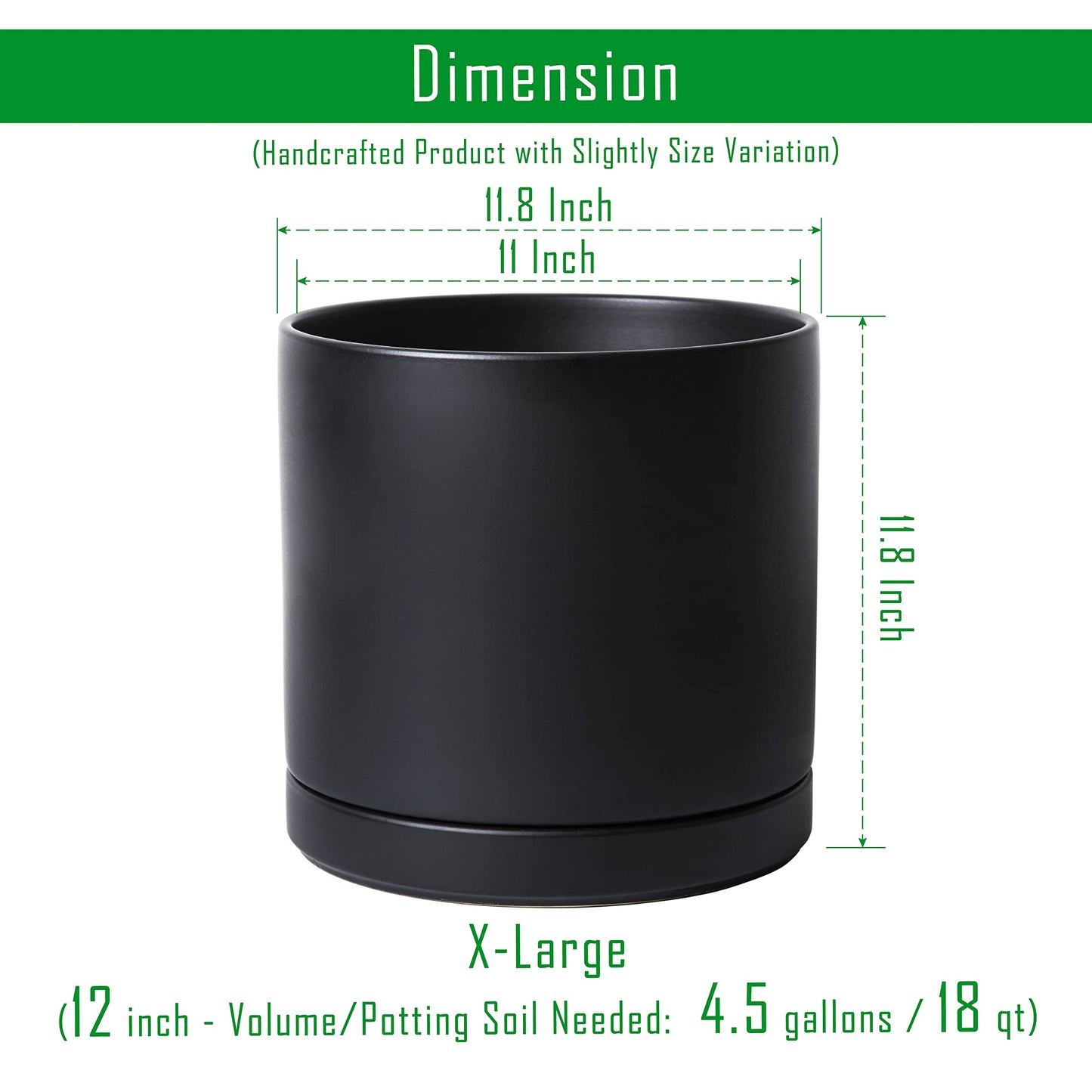 D'vine Dev 12 Inch Ceramic Planter Pot with Drainage Hole and Saucer, Indoor Cylinder Round Planter Pot, Black, 94-O-F-2