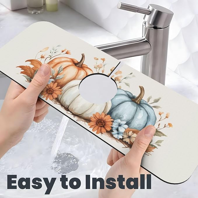 Kitchen Sink Splash Guard Faucet Mat Autumn Pumpkin Floral 15"x5.5", Diatom Mat