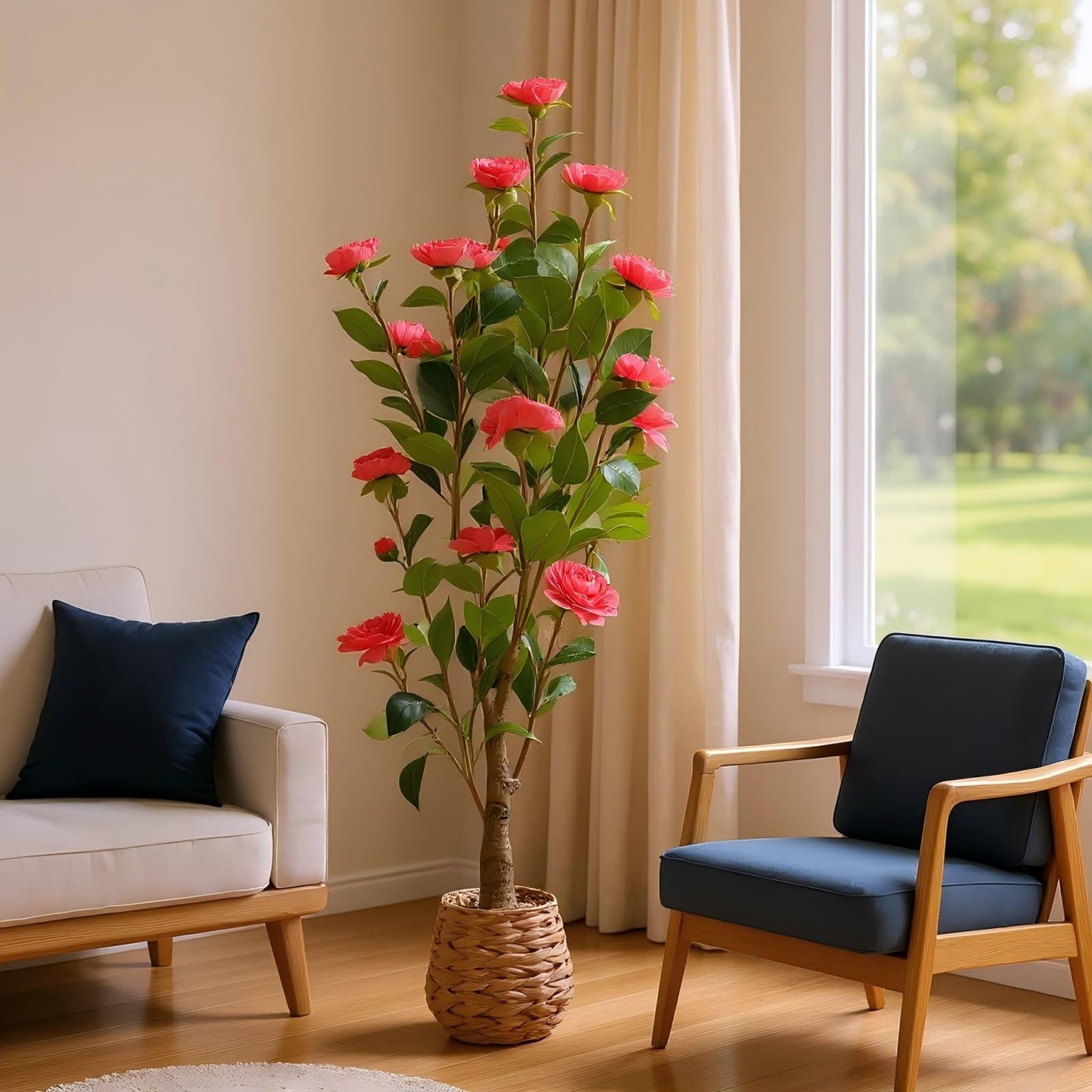 CZWBE 45" H Artificial Camellia Tree 2 Pack - Woven Planter with 28 Flowers,Faux Plant for Office Decor & Indoor Outdoor Home Wedding Decor（red）