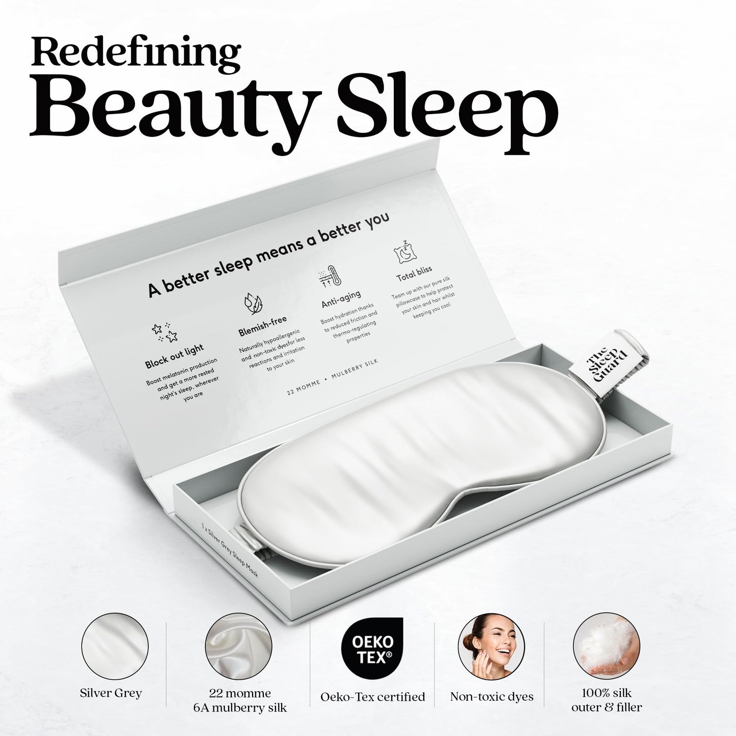 TheSleepGuard Pure Silk Sleep Mask [100% 6A Mulberry Silk, 22 Momme] Light Blocking Travel Essentials. Eye Masks for Sleeping. Black Oeko-Tex Blindfold. Eye Covers for Men & Women