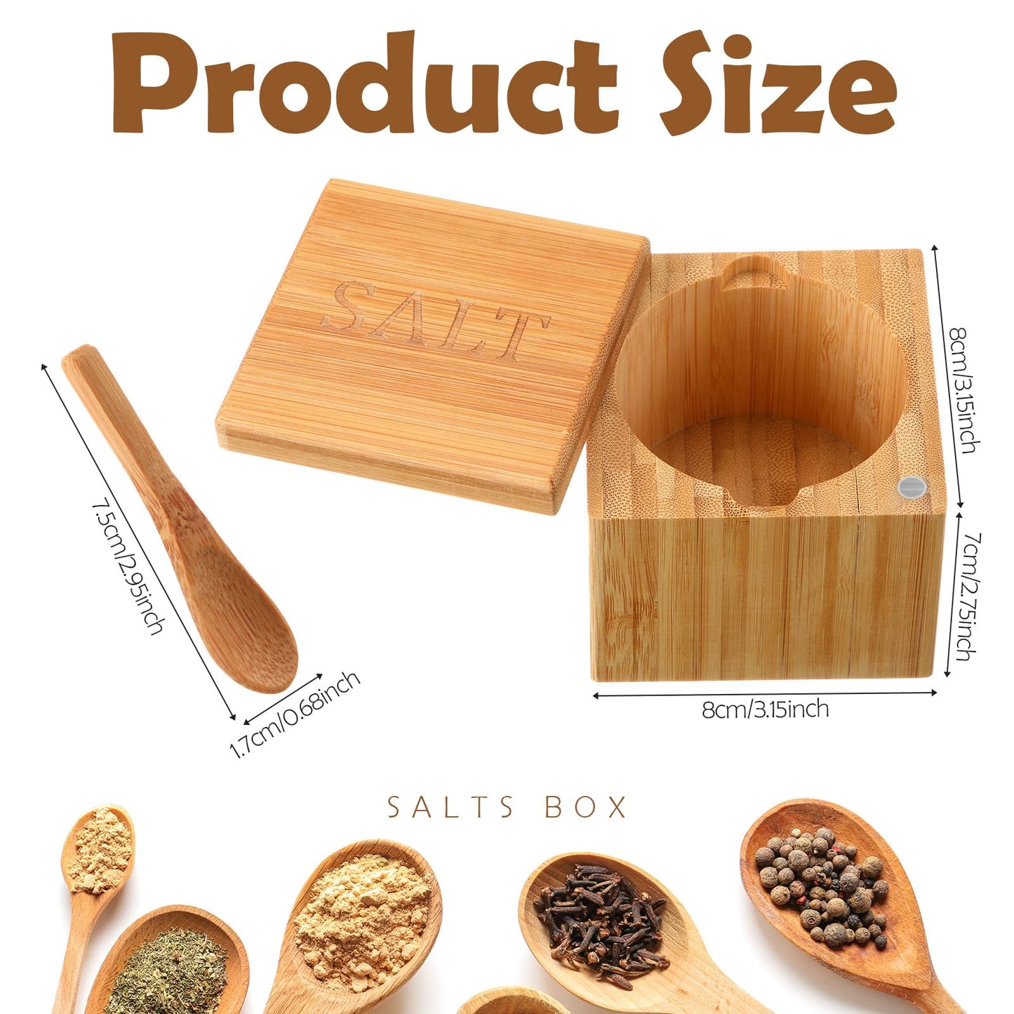 Honeydak Bamboo Salt Cellar Bamboo Storage Box with Magnetic Swivel Lid Wooden Spoon Wood Spice Storage Box Salt Container for Kitchen, 6 oz
