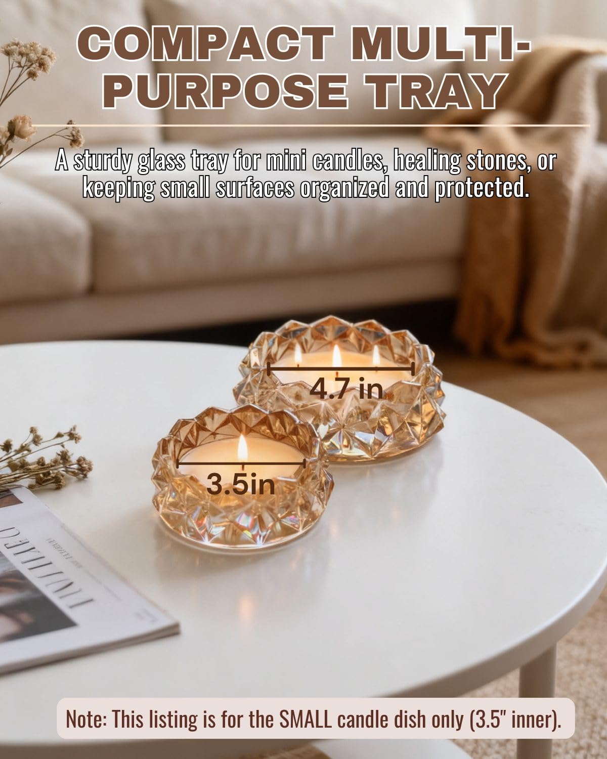Loyipu Small Geometric 4in Glass Candle Holder – Crystal Tealight Dish & Mini Candle Tray for Small Scented Candles, Votives & Aroma Stones(Honey Amber-4in)