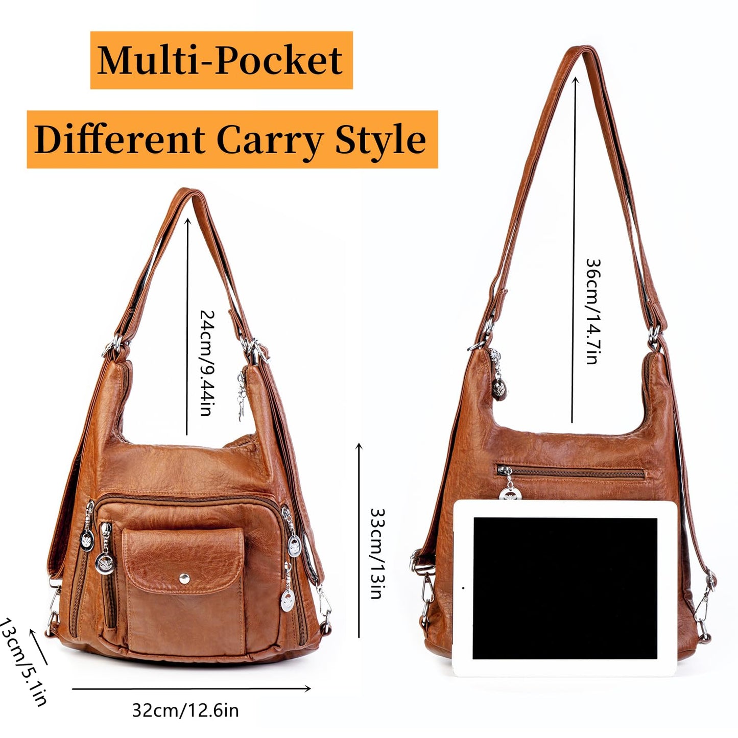 T-Kims Women Handbag Hobo Bag Tote Bags Shoulder Bag Soft Washed Leather Multifunctional Messenger Bag (Brown)