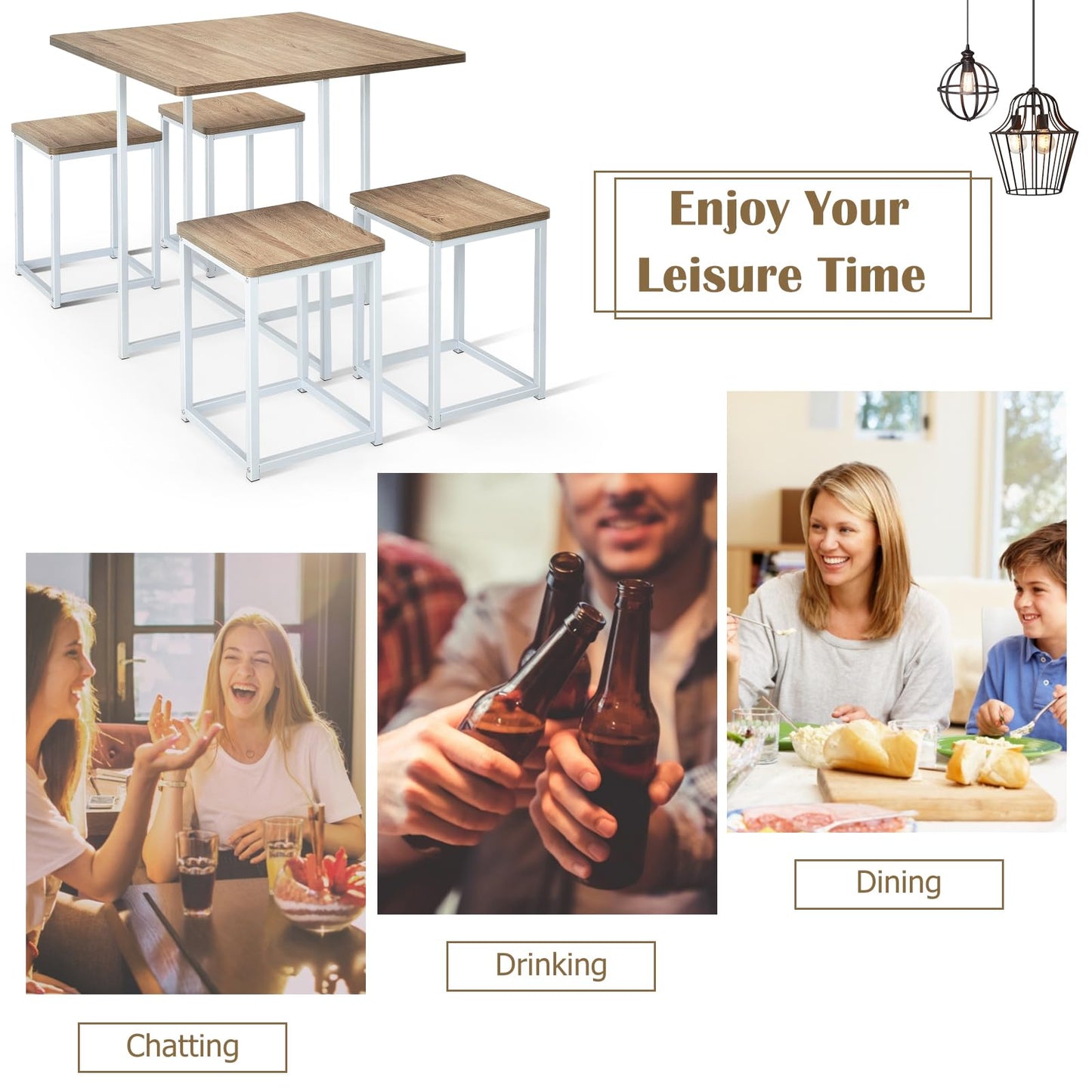 Giantex 5 Piece Dining Table Set, Dining Set for 4 with Square Stools, Small Kitchen Table Set with Metal Frame, Compact Design for Small Space, Home Kitchen Bar Pub Apartment