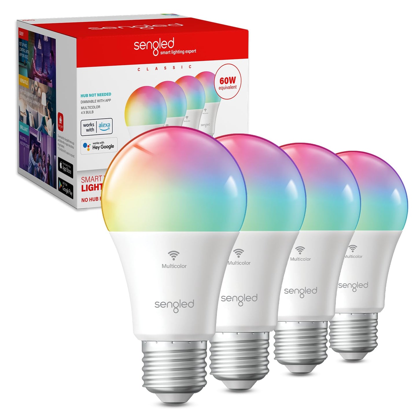Sengled WiFi Color Changing Light Bulb, Alexa Smart Light Bulbs that Compatible with Alexa & Google Assistant, A19 RGB No Hub Required, 75 W Equivalent 800LM CRI>90, Set of 4