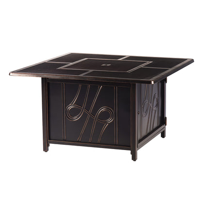 Oakland Living Aluminum 57,0000 BTU 42 in. Square Propane Black Fire Pit Table with Fire Beads, Lid, Propane Tank Cover and Table Fabric Covers in Copper Finish,AZREGIS-FPT-AC