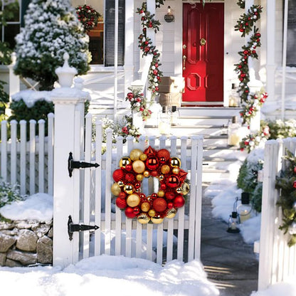 Christmas Ball Wreath 13" Xmas Wreaths Ornaments Glitter Thicken Shatterproof Garland Decoration for Door Wall Mantel Holiday Party Decor, Gold & Red