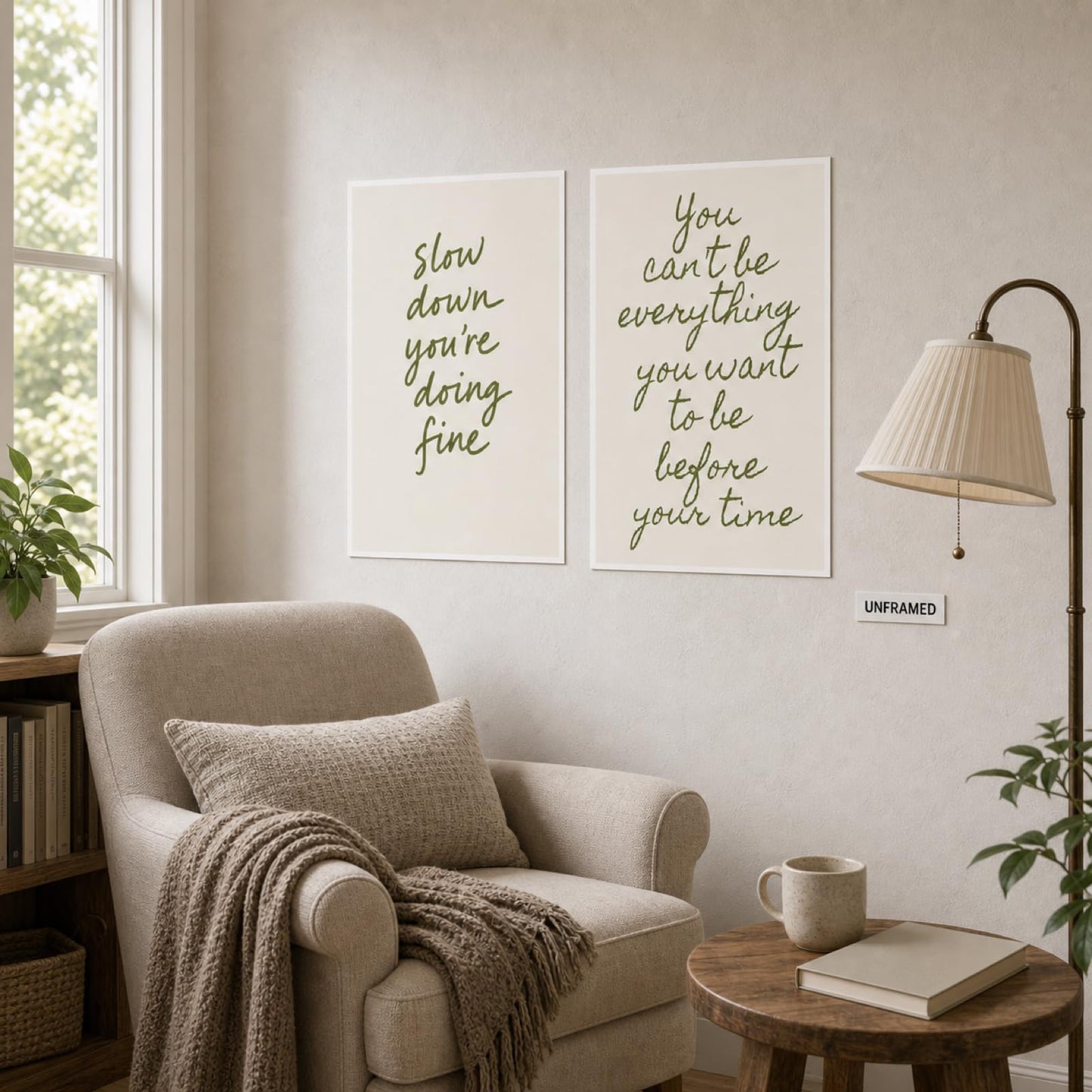Slow Down & You Can't Be Everything Quote Wall Art Set of 2 Modern Minimalist Sage Green Neutral Tone Inspirational Wall Decor for Living Room Bedroom Office Calming Mindfulness Art 16x24 Inch Unframed