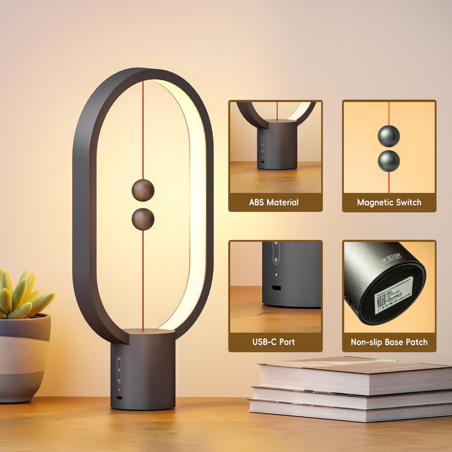 Xhope4u Table Lamp for Bedroom - Balance Lamp,Bedside Lamp with Touch Dimmer,Nightstand Lamp,3 Level Brightness Rechargered Night Light for Home,Office,College Dorm (Black)