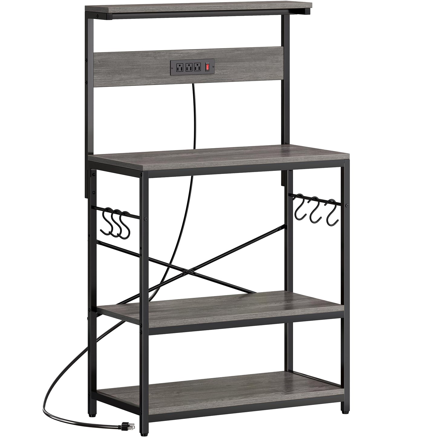 SUPERJARE Kitchen Bakers Rack with Power Outlet, Coffee Bar Table 4 Tiers, Kitchen Microwave Stand with 6 S-shaped Hooks, Storage Shelf Rack for Spices, Pots and Pans - Rustic Brown