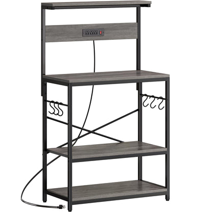 SUPERJARE Kitchen Bakers Rack with Power Outlet, Coffee Bar Table 4 Tiers, Kitchen Microwave Stand with 6 S-shaped Hooks, Storage Shelf Rack for Spices, Pots and Pans - Rustic Brown