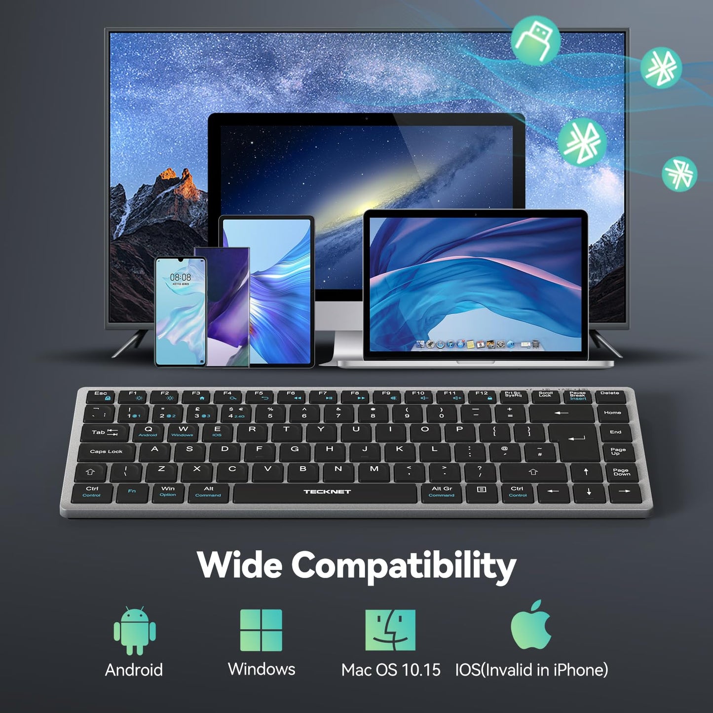 TECKNET 2.4G Wireless Keyboard, Rechargeable Bluetooth Keyboard for 4 Multi Devices, QWERTY UK Layout Compact Mini keypad, Small Silent Keys for Laptop, Phone, Smart TV, Computer, Tablet - Silver