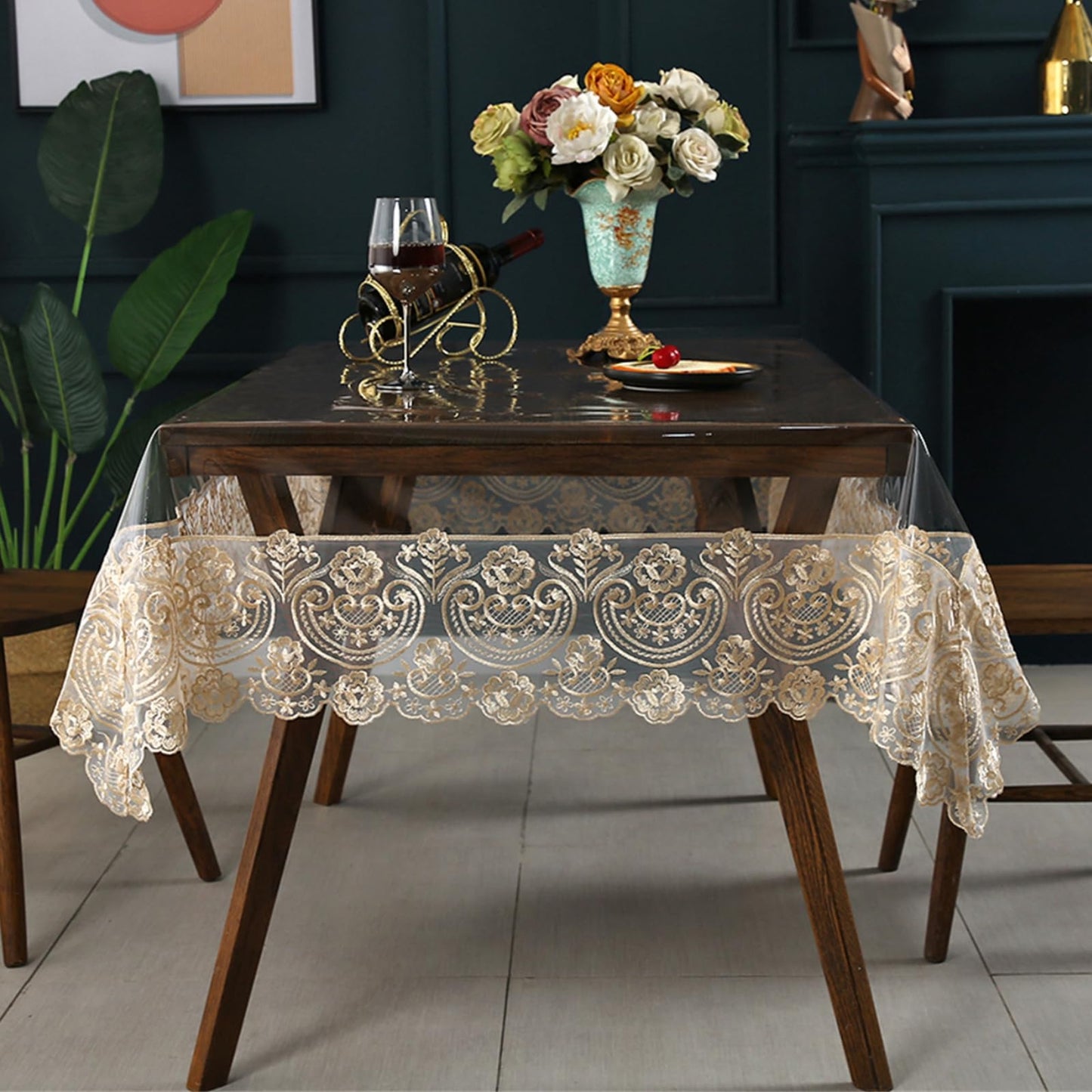 Clear Plastic Rectangle Tablecloth Vinyl Waterproof Table Cloth Embroidered Lace Edge Transparent Table Cover for Dining Kitchen Outdoor(60 x 86 inch, Coffee Style 1)