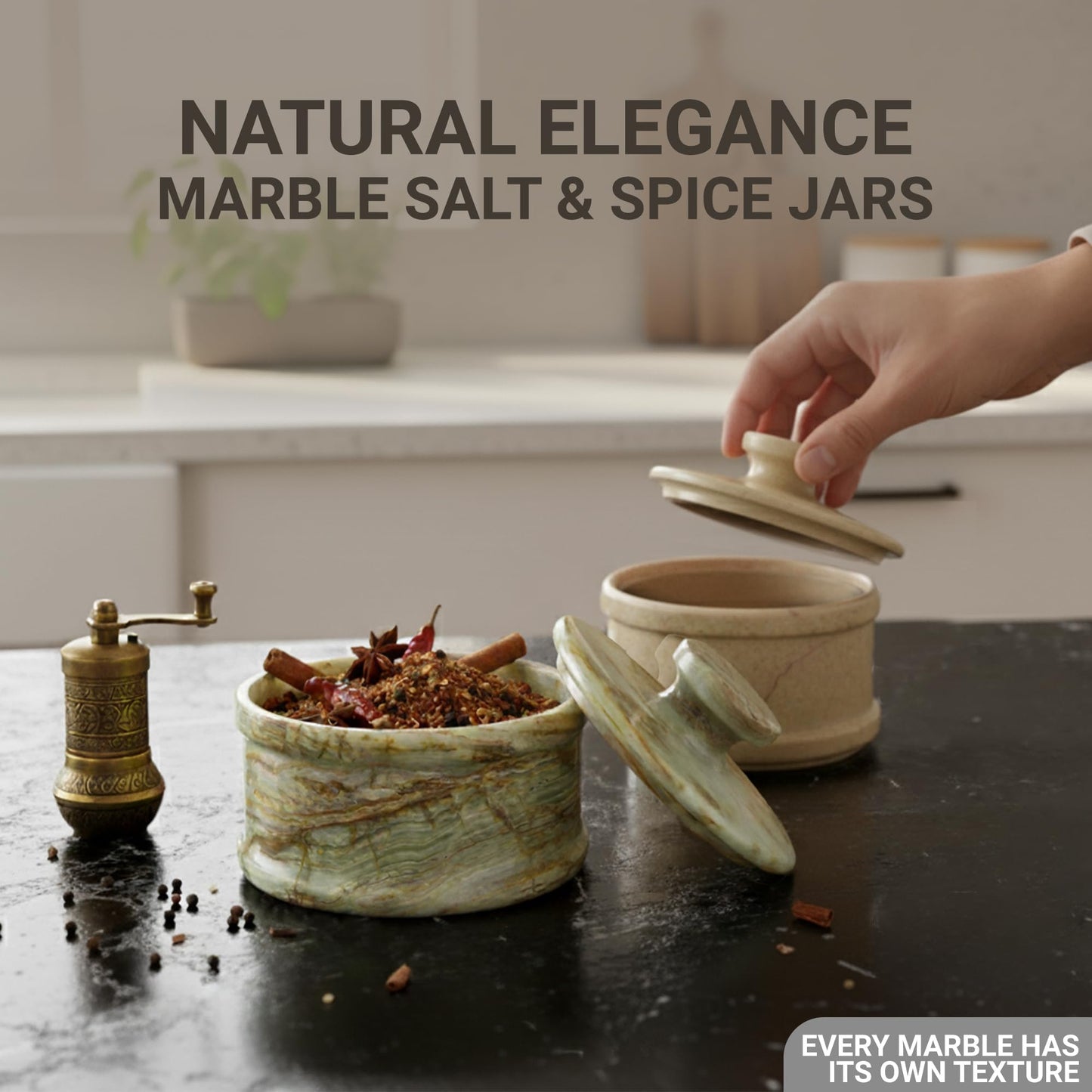 UrbanFocal Marble Salt Cellar with Lid 3.5" Inch Verona Salt Box, Seasoning Container & Spice Jars, Stone Salt Holder for Counter, Spice Jar, Verona