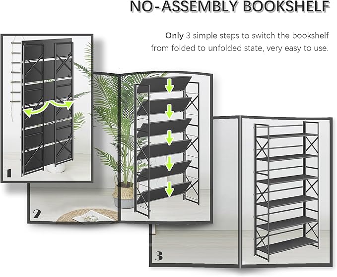 4NM Extra Wide 6 Tiers No Assembly Book Shelves, 61.8" H Folding Bookshelf