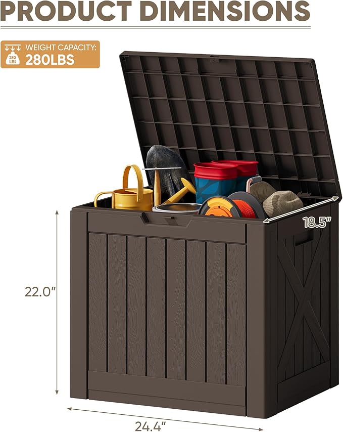 JUMMICO 42 Gallon Deck Box Waterproof, Resin Outdoor Storage Box with Side Handles, Outdoor Storage Benches Lockable for Patio Cushions and Garden Tools (Brown)