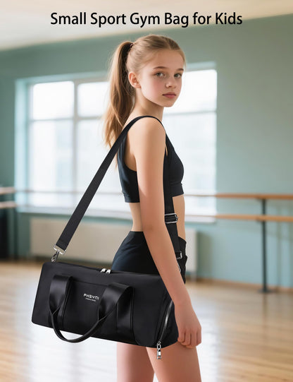 Sports Small Gym Bag for Women & Girls and Kids, Cute Mini Duffle Bag with Wet Pocket & Shoes Compartment, Personal Item Travel Workout Bag, 16"-Small, Black