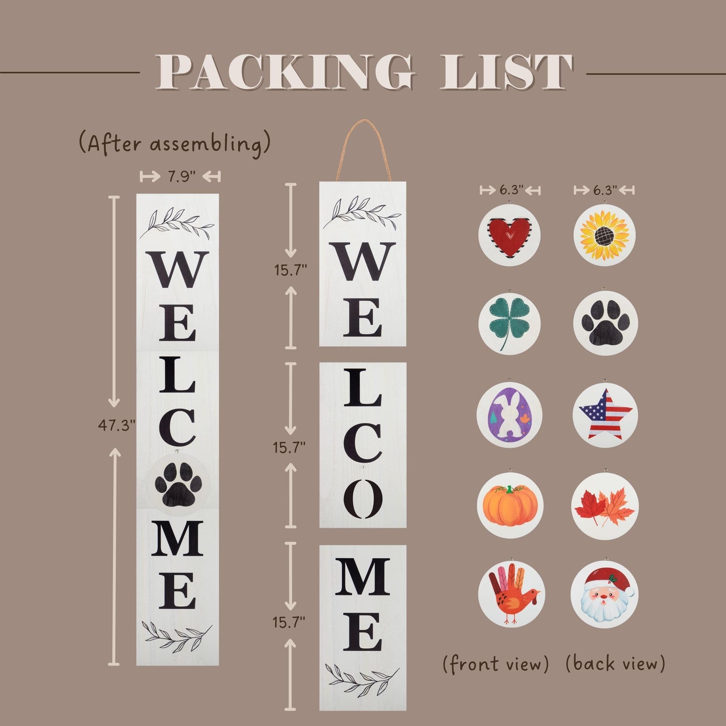 Perfnique Interchangeable Welcome sign for front porch standing, 47 x 7.9 Inch Black Wooden Leaner Sign with 10 Interchangeable Designed Icons, Modern Farmhouse Rustic Seasonal Decor for Spring Easter Fall Christmas (White)