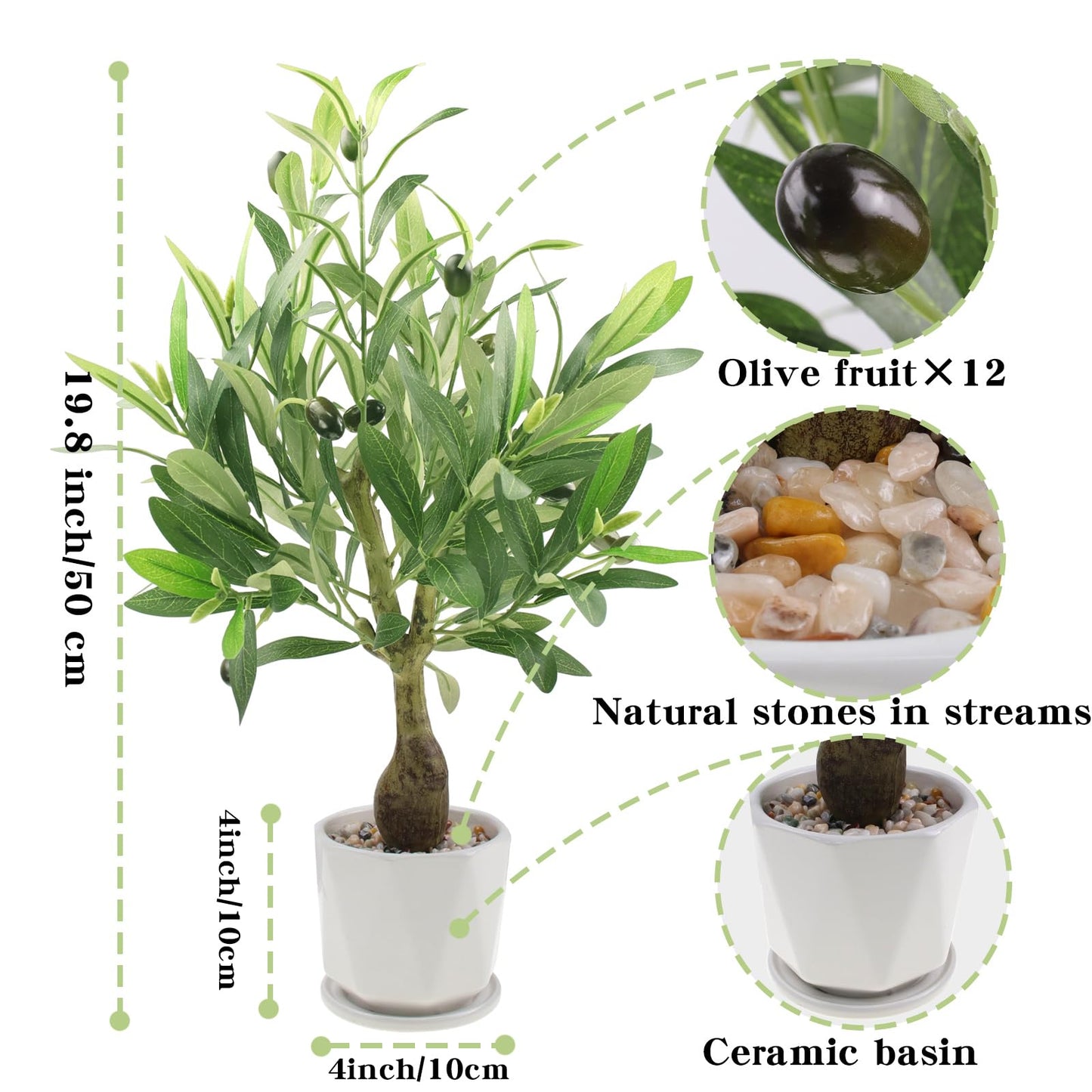 Abyjifar 20" Artificial Olive Tree with Pot, Faux Green Potted Plants Indoor Fake Greenery Olive Branches Stems in Pot for Tabletop Desk Office Kitchen Living Room Bedroom Bathroom Home Decor