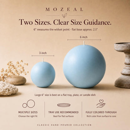 MOZEAL Hand-Poured, 3 Inch Baby Blue Round Ball Candles - Elegant Baby Blue Round Pillar Candles Set of 3, Dripless, Unscented, Smokeless, Ideal for Baby Showers.