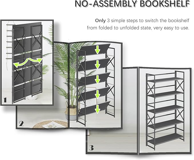 4NM Extra Wide 5 Tiers No Assembly Book Shelves, 51.2" H Folding Bookshelf