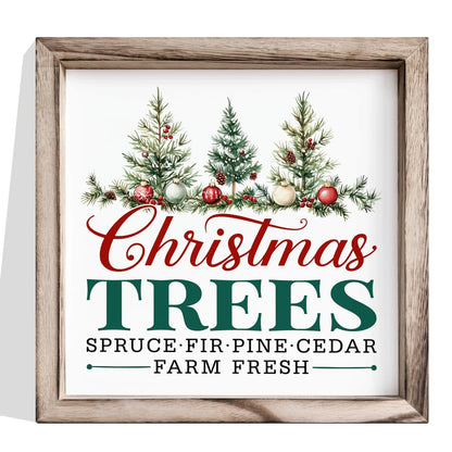 Christmas Wall Decor, Christmas Trees Farm Fresh Sign, Spruce Fir Pine Cedar Framed Wood Wall Accent for Rustic Living Room or Entryway, MDF Holiday Hanging Plaque