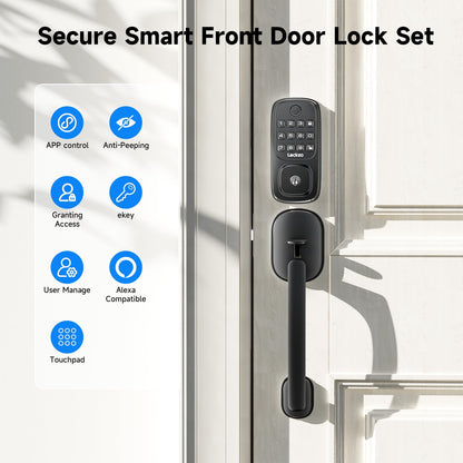 Smart Door Lock with Handle, Keyless Entry Door Lock Deadbolt Handle Set, Built-in WiFi Deadbolt Smart Lock for Front, Fingerprint, Keypad Code, App Control, Voice Control