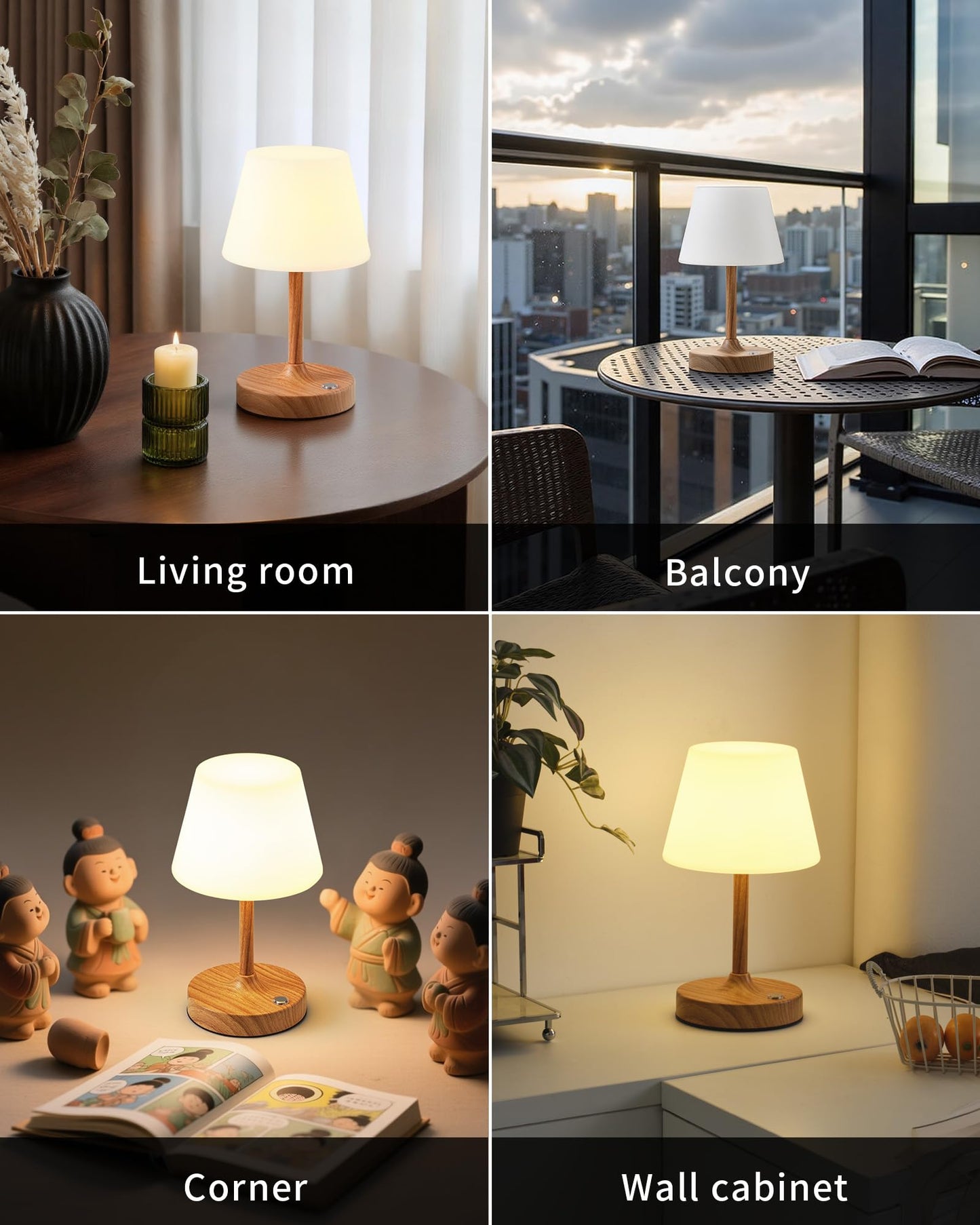 PUSU Cordless LED Wood-Grain Small Table Lamp, Waterproof Shower Light with 4000mAh Battery, Portable Rechargeable Touch Dimming Night Light for Bathroom, Outdoor Camping, Kitchen, Patio, Restaurant