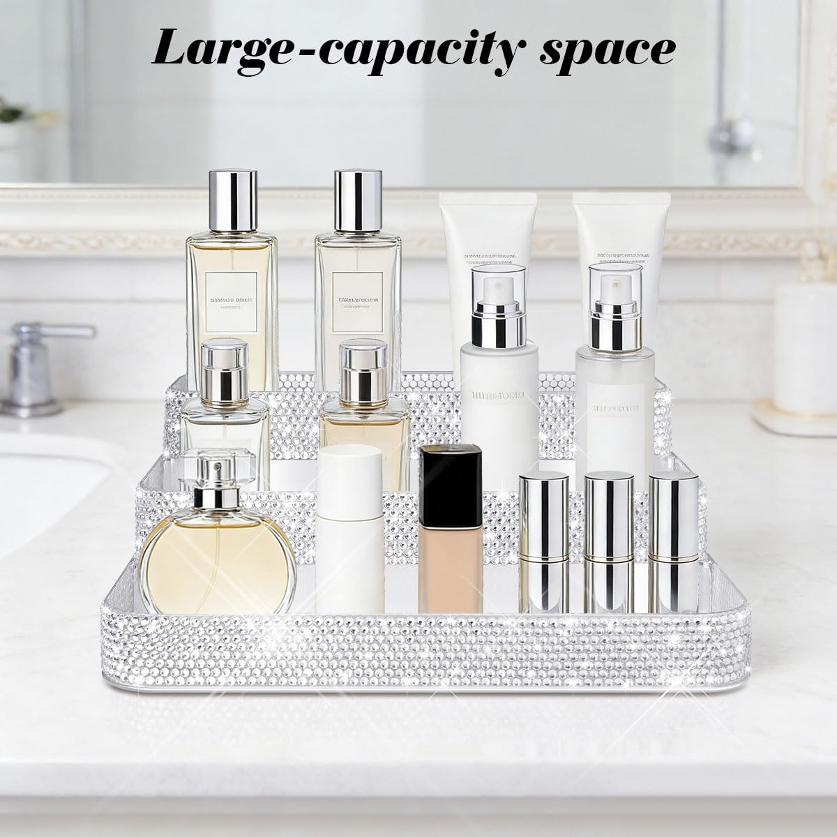 Mifoneix Bling Perfume Organizer Three-Tiered Shelf, Sparkle Perfume Lotion Skincare Stand, Shiny Spice Vitamins Bottles Holder, Glitter Sturdy Rack for Bathroom Countertop Cabinet Storage