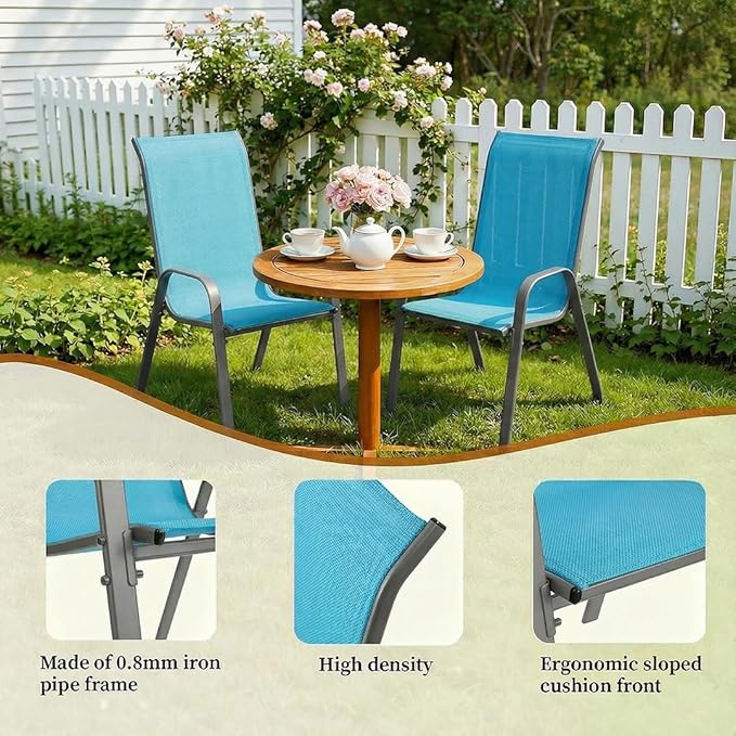 MAMIZO Patio Dining Chairs, Stackable All Weather Teslin Chair, Heavy Duty Outdoor Breathable Chairs Set, w/Armrests, Upgraded Chair FeetW/Strenthened Iron Spacers, 330 LBS (4, Turquoise Blue)