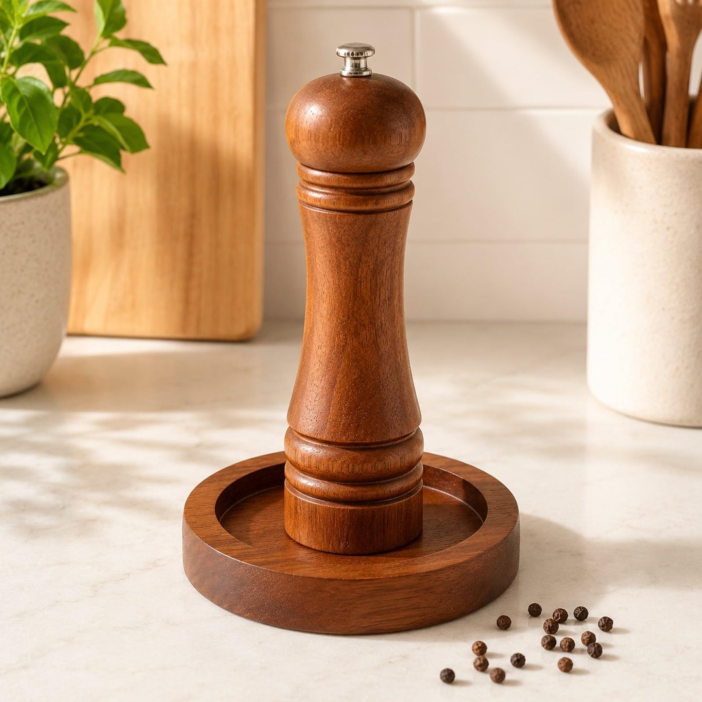 LOGOFUN Acacia Wood Spice Grinder Tray with Round Base Manual Salt Pepper Mill Holder for Kitchen Bottle Storage Home Supplies - 7.5X7.5X1.2cm/2.95X2.95X0.5in
