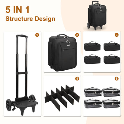 Relavel Rolling Makeup Case with Makeup Brush Case, Large Make Up Travel Organizer with 2 big Wheels, Professional Lockable Makeup Artist Backpack with Adjustable Dividers for Daily Use, Trip - Black