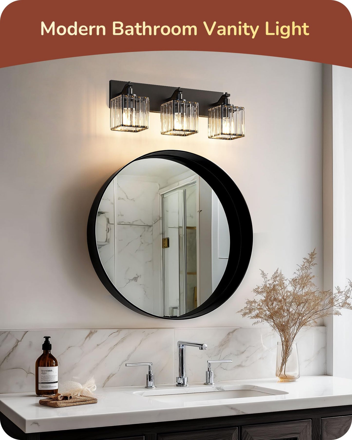 EDISHINE Bathroom Vanity Light Fixtures, 3-Light 20.47'' Crystal Bathroom Lighting Fixtures Over Mirror, Modern Wall Sconce for Powder Room, Bedroom, E26 Base, Black