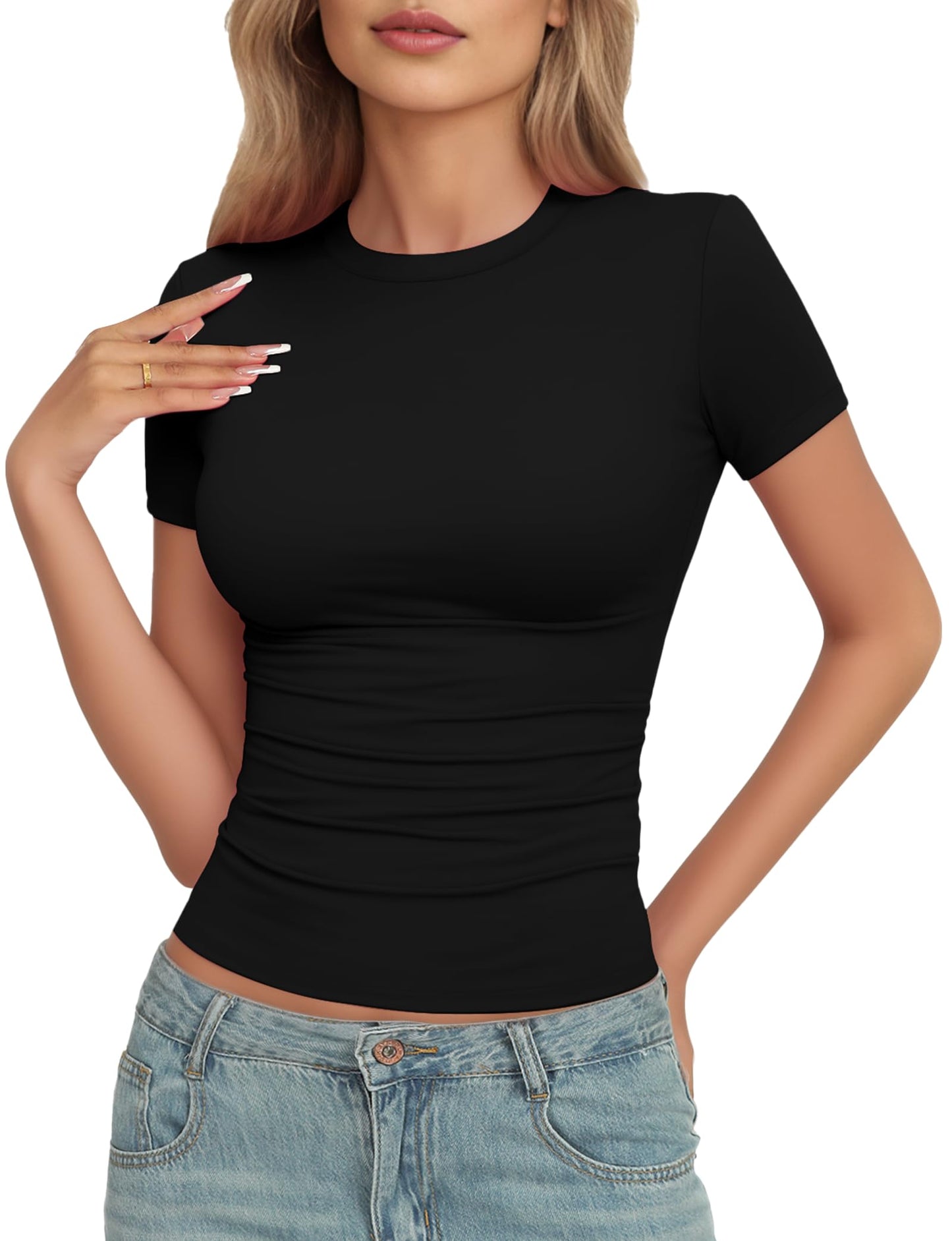 YOGINGO Womens Crop Casual Basic Tops Summer Autumn White Black Short Sleeve Crew Neck T Shirts Slim Fit Tees Plain Going Out Y2k Cute Tops Sexy Tight Fitted Compression Baby Tee Shirts Trendy