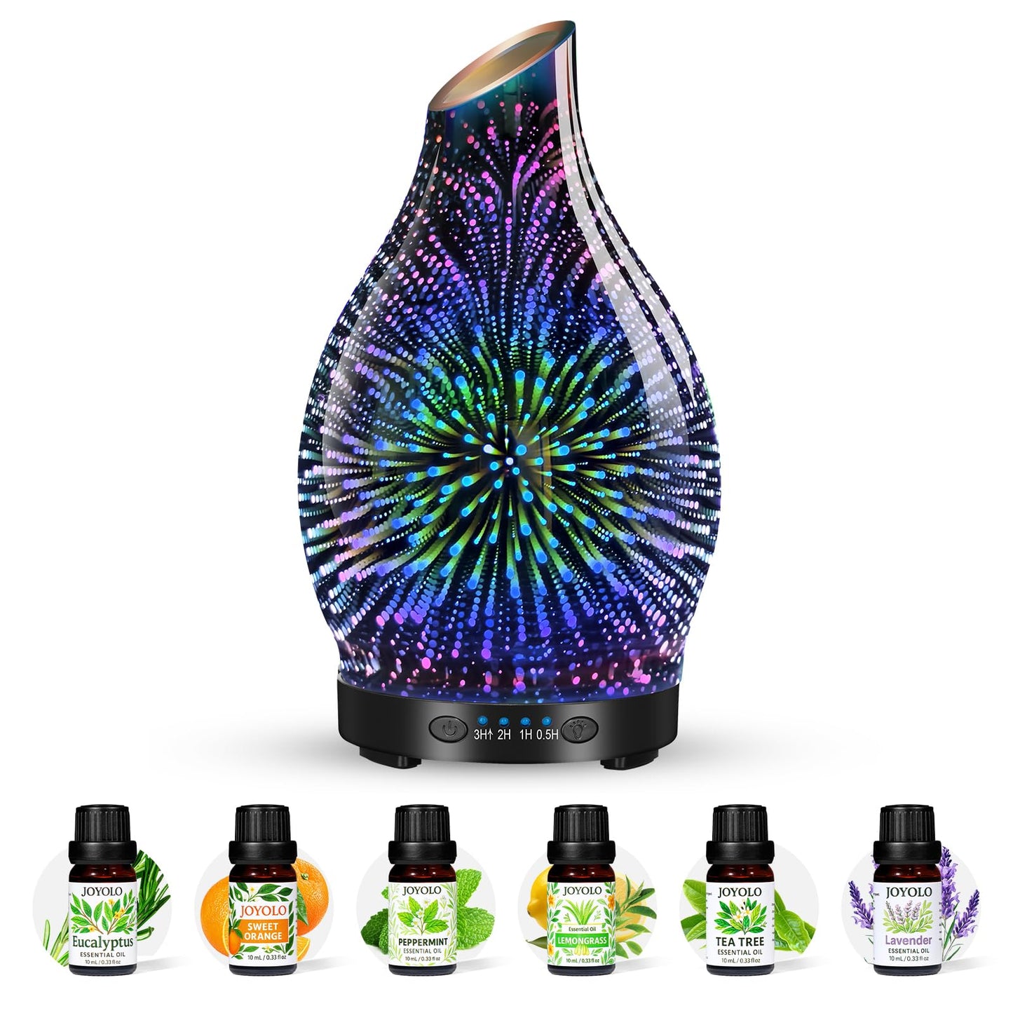 120ML Essential Oil Diffuser, 3D Glass Aromatherapy Diffuser with Auto Shut-Off and 7 Color LED Lights, Ultrasonic Mist Humidifier with 4 Timer for Home Office Bedroom (3D Fireworks)
